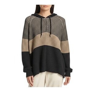 INC Concepts Woman's Hoodie L Black Beige Color Block Striped Drawstring Hood